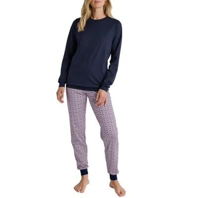 Afbeelding van CALIDA Lovely Nights Pyjama met manchetten, geribbelde manchetten en broek, Peacoat Blue., 52/54
