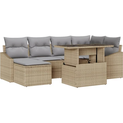 Afbeelding van vidaXL Tuinbank Set 7 delig Beige, Grijs Riet, Polyester