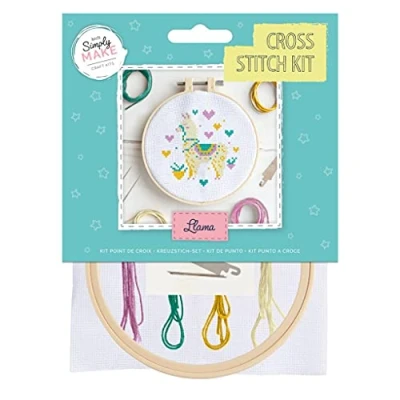 Afbeelding van Simply Make Kruissteekkit lama ontwerp voor kinderen en volwassenen, inclusief hoepel, borduurgaren, stof naald, perfect volwassen ambachten beginners Starter kruissteek knutselset