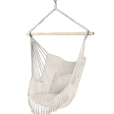 Afbeelding van VOUNOT Hangstoel met 2 kussens en boekenvak, XXL hangstoel, hangschommel, voor binnen buiten, beige