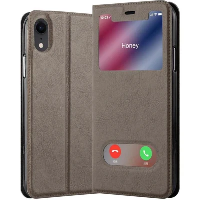 Afbeelding van Cadorabo Hoesje geschikt voor Apple iPhone XR in STEEN BRUIN Beschermhoes met magnetische sluiting, standfunctie en 2 kijkvensters Book Case Cover Etui