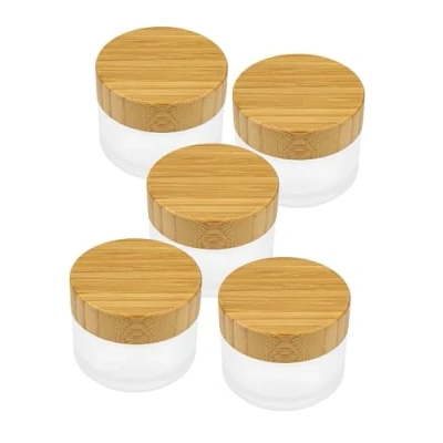 Afbeelding van Wachsmann Hoogwaardige glazen potten met bamboedeksel, voor duurzame doe het zelf natuurlijke cosmetica, geschenkverpakking, reishouder zalven en lotions, 50 ml, 5 stuks