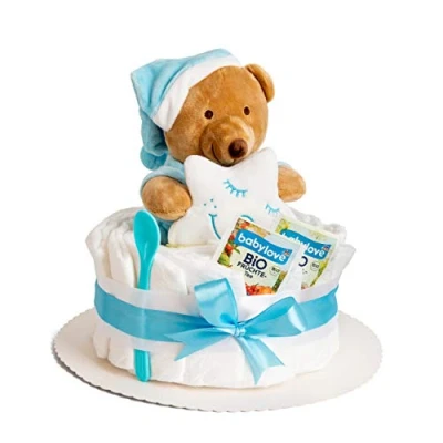 Afbeelding van Luiertaart in blauw met knuffeldier, perfect voor jongens babyfeest of geboorte