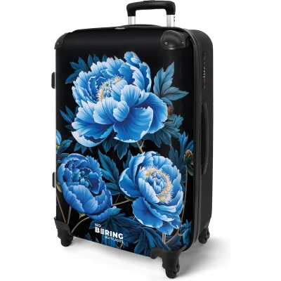 Afbeelding van NoBoringSuitcases.com® Koffer groot Rolkoffer lichtgewicht Zwart met blauwe pioenrozen Reiskoffer 4 wielen Grote trolley XL 20 kg bagage