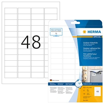 Afbeelding van HERMA 9531 weerbest outdoor folielabels A4 (45,7 x 21,2 mm, 10 vellen, polyethyleen, mat) zelfklevend, bedrukbaar, extreme sterk klevende etiketten, 480 etiketten voor printer, wit