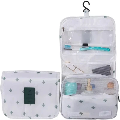 Afbeelding van Toilettas met Haak wit cactus Beautycase Organizer Reistas Uitklapbare Trendy