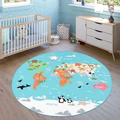 Afbeelding van Vloerkleed Kinderkamer, Speelvloerkleed Voor Kinderkamers, Wereldkaart Met Dieren, In Groen, Maat:Ø 200 cm rondje