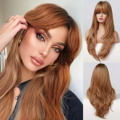 Afbeelding van Honygebia Pruik koper met pony, lange oranje pruiken voor dames, goudbruin, vrouwen, natuurlijk realistisch haar, synthetische hittebestendige carnaval, kostuums, themafeest