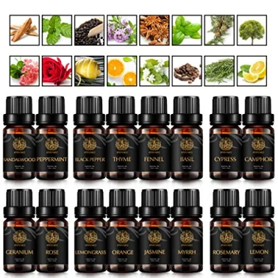 Afbeelding van Top 16 soorten aromatherapie pepermunt etherische oliën set voor diffuser, 100% pure olie kit luchtbevochtiger jasmijn, mirre, sandelhout, cipres, kamfer, tijm, venkel, rozemarijn...
