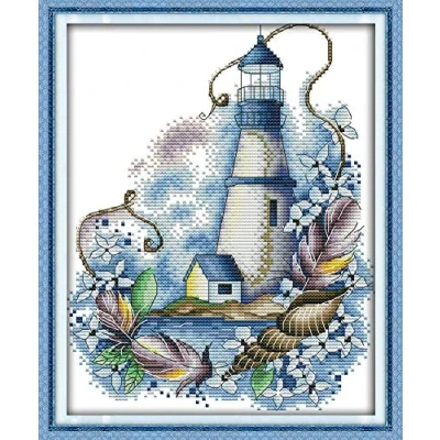 Afbeelding van Kruissteek kits, Awesocrafts Blue Lighthouse Easy Patterns Cross Stitching Embroidery Kit Supplies Kerstmis, Gestempeld (vuurtoren, gestempeld)
