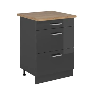 Afbeelding van Vicco Keukenonderkast R Line, Antraciet Hoogglans/Antraciet, 60 cm met laden, WB Eik