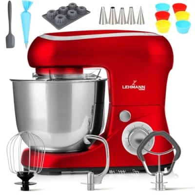 Afbeelding van Lehmann Planetaire keukenmachine met roestvrijstalen kom, 5 l, multifunctionele roermachine, 2200 W, deegmachine 6 snelheden, incl. spatdeksel, deeghaak en garde (Rood)