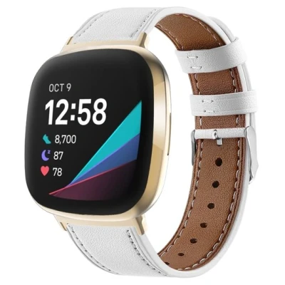 Afbeelding van Fitbit Versa 3/4 &amp; Sense 1/2 leren bandje Wit Roestvrijstale gespsluiting