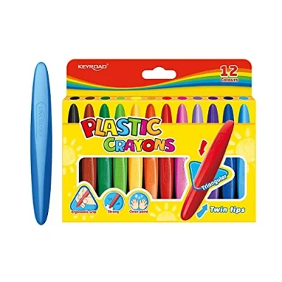 Afbeelding van KeyRoad KR971802 waskrijt, Twin Tips, driehoekig, 12 stuks, gemengde kleuren, comfortabele handpalmgreep, tekenstift voor peuters en kinderen, veilig niet giftig, kinderen