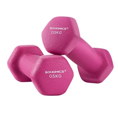 Afbeelding van SONGMICS SYL61PK Halters, set van 2, 2 x 0,5 kg, korte halters met matte coating neopreen, antislip, fitness, krachttraining, voor thuis, fitnessstudio, roze