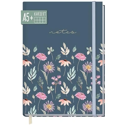 Afbeelding van paper&amp;you® notitieboek A5+ vierkant met elastiek [Flying Flowers] 156 pagina&#039;s, 78 vellen als bullet journal, dagboek duurzaam &amp; klimaatneutraal