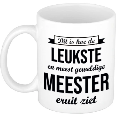 Afbeelding van Leukste en meest geweldige meester cadeau mok / beker wit 300 ml feest mokken