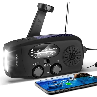 Afbeelding van Travelhawk Noodradio Draagbare Radio Solar Opwindbaar Powerbank Zonneenergie 2000 mAh Zaklamp Noodpakket Zwart