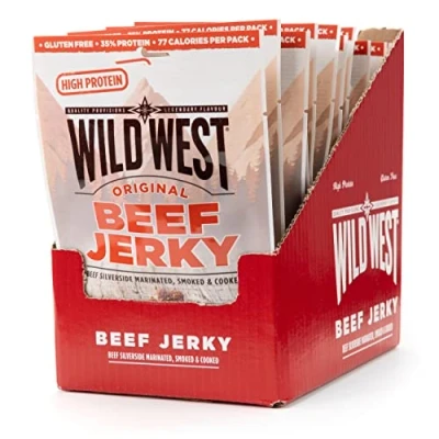 Afbeelding van Wild West Beef Jerky, high Protein droog vlees, Jerky Snack, 12x25g Original, gedroogd rundvlees