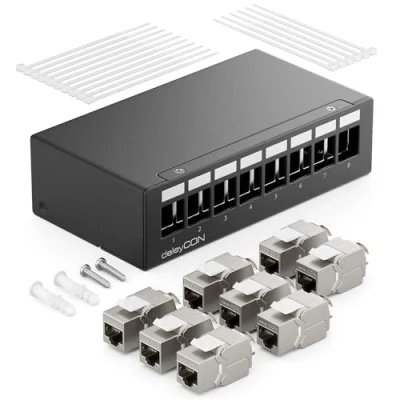 Afbeelding van deleyCON 8 Poorts CAT7 Patchpanel Set met 8x CAT.7 RJ45 Keystone Jack Module STP 10 Gbit/s Distributiepaneel Compatibel Installatiekabel CAT6 CAT6a CAT8 Ethernet LAN Netwerkkabel Zwart