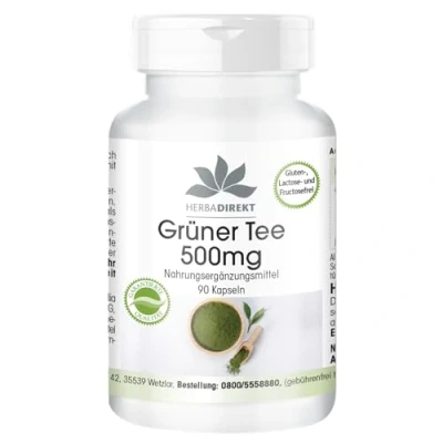 Afbeelding van groene thee extract 500mg per capsule EGCG Camellia sinensis min. 50% polyfenolen veganistisch 90 capsules HERBADIREKT Duitse apothekerskwalitei