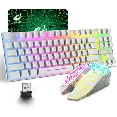 Afbeelding van Draadloze gamingtoetsenbord en muiscombinatie, 87 Key Rainbow LED achtergrondverlichting Oplaadbaar 3800 mAh Ergonomische waterdichte RGB Mute muizen voor computer pc gamer (wit)