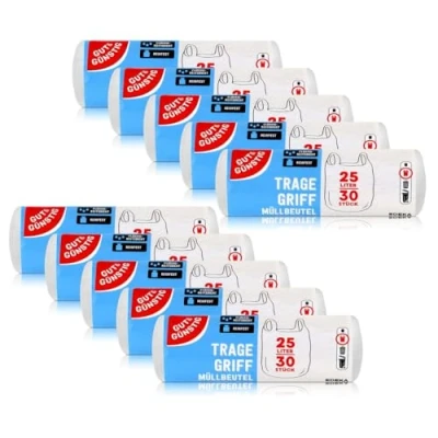 Afbeelding van Gut &amp; Günstig Müllbeutel/Mülltüten mit Tragegriff, 25 Liter, 30 Stück pro Rolle, Reißfest Flüssigkeitsdicht, Produkt Verpackung recyclebar (10er Pack)