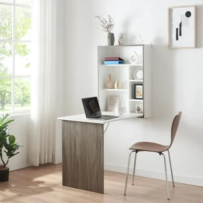 Afbeelding van [en.casa] Klaptafel Greve voor wandmontage opklapbare wandtafel met opbergruimte wandbureau opklapbaar bureau keukentafel eettafel 80x62x16 cm wit en houtkleurig