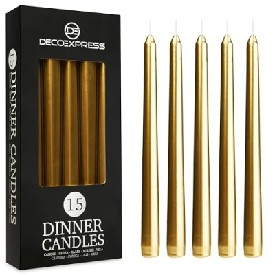 Afbeelding van Deco Express Diner Kaarsen Pack van 6, 10, 15 of 50 Taps toelopende Niet Druppelen Langdurig 8 uur, Ongeparfumeerd (Goud Pack)