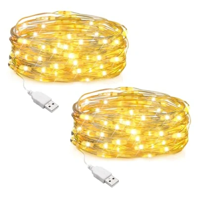 Afbeelding van SALCAR Led lichtsnoer, 2 stuks, 10 m, 100 leds, USB, koperdraad, lichtketting, voor binnen en buiten, kerstfeest, warmwit