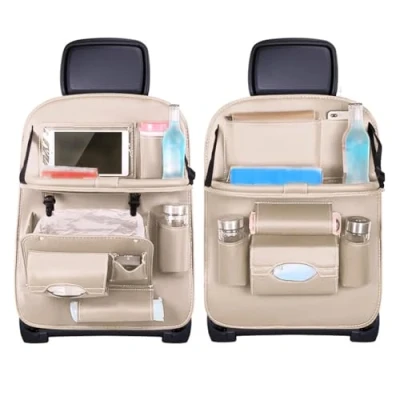 Afbeelding van 2 stuks autostoel organizer, rugleuningbescherming, auto achterbank organizer voor kinderen, kunstleer, beige, anti kick, multifunctioneel, waterdicht, met klaptafel, tabletvak, 8 vakken, grote