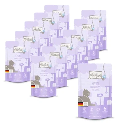 Afbeelding van MjAMjAM premium natvoer voor katten Quetschie Kitten excellent kalf met zalmolie, pak van 12 (12 x 125 g), graanvrij extra vlees