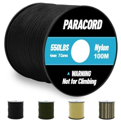 Afbeelding van Omtofo paracord 100 m 550 nylon touw 4 mm, 7 kernstrengen zwart parachutekoord koord voor armband, lijn, halsband, survival max. 250kg