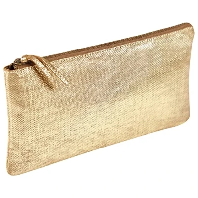 Afbeelding van Clairefontaine 410037C schooletui, plat, goudkleurig, textieleffect, 22 x 11 cm, van echt lamsleer, schoolbenodigdheden, etui met kleurpotloden, pennenhouder