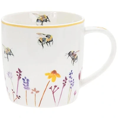 Afbeelding van Thee Koffie Mok Mooie Witte Bloemen Water Kleur Drukke Bijen Ontwerp door Jennifer Rose Gallery Boxed