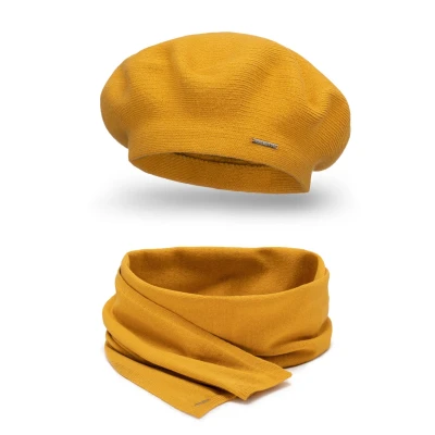 Afbeelding van Vivisence 7005 Beret AND Scarf SET Sjaal, Dames, Maat: One Size, Honey