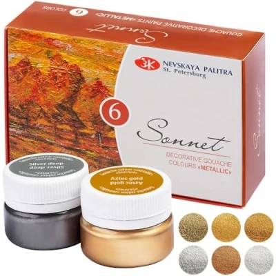 Afbeelding van Sonnet Metallic Gouachekleuren Van Hoge Kwaliteit (6x20ml) Gouache Op Waterbasis In 6 Prachtige Pigmentkleuren Gemaakt Door Neva Palette