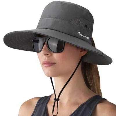 Afbeelding van DRESHOW Vrouwen Zonnehoed UV bescherming Hoed Opvouwbaar Mesh Brede Rand Visserij Paardenstaart Strand Emmer Hoeden met Bril