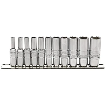 Afbeelding van Draper 16491 1/4 inch vierkante aandrijving Imperial 11 delige diepe stopcontacten op metalen rail, blauw