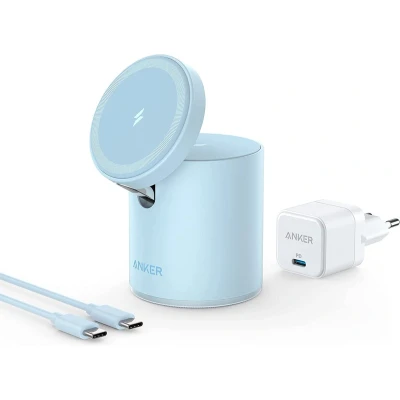Afbeelding van Anker 623 Magnetische draadloze oplader (MagGo) Misty Blue, 2 in 1 draadloos oplaadstation met 20W USB C Charger, voor iPhone 13/12 serie, AirPods Pro