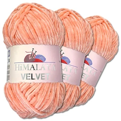Afbeelding van Wohnkult Himalaya 3 x 100 g Velvet Dolphin breiwol, 40 kleuren om uit te kiezen, chenille breigaren, pluizige wol, glans, accessoire, kleding, dekens (90023, perzik)