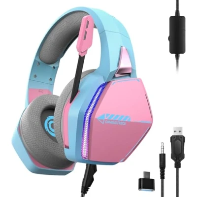 Afbeelding van Oniverse Gaming Headset voor PS5 PS4 SWITCH XBOX PC MAC met verstelbare microfoon, LED, 50 mm luidsprekers en ademende stoffen oorkussens Bedrade stereogamer hoofdtelefoon Nebula (Diva Pink/Roze)