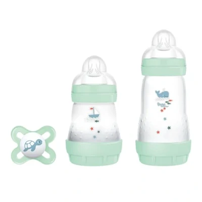 Afbeelding van MAM Starterset met 2 anti koliek flesjes, 160 ml en 260 speen van SkinSoft siliconen, originele startfopspeen, 0+ maanden, neutraal