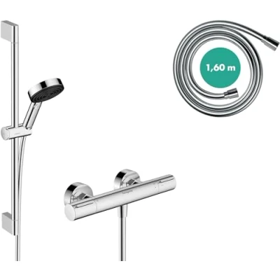Afbeelding van hansgrohe Pulsify Select S waterbesparend Doucheset met Douchethermostaat Ecostat Element, Douchekop 8,2 l/min (EcoSmart) Douchestang 65cm, Doucheslang 160cm en Douchekophouder, chroom, 24272000