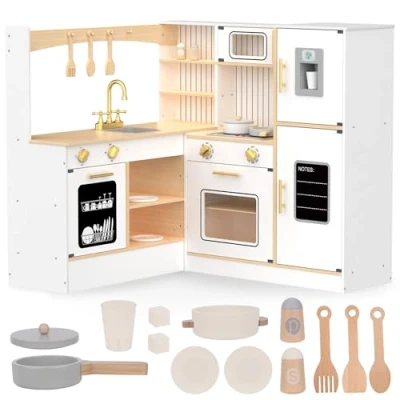Afbeelding van Mamabrum Houten kinderkeuken 3+, groot, interactief hoekfornuis, XXXL, keukenset met koelkast, magnetron, wastafel, oven, vaatwasser en accessoires