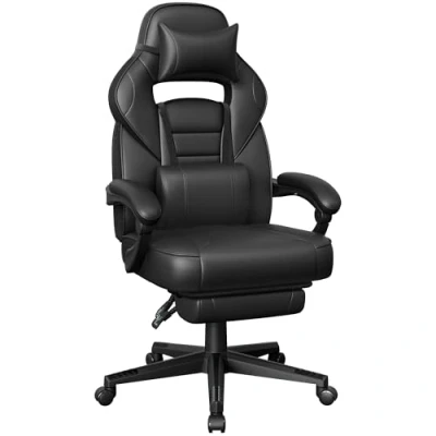 Afbeelding van SONGMICS bureaustoel, uitschuifbare voetsteun, kussen, lendenkussen, in hoogte verstelbaar, ergonomisch, kantelbare rugleuning, draagvermogen tot 150 kg, inktzwart OBG073B05