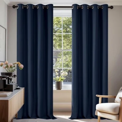Afbeelding van Deconovo Verduisteringsgordijn, Thermische Gordijnen met Ringen voor Keuken, Slaapkamer, Woonkamer, 140x210 cm (B x H), Marineblauw, 2 stuks