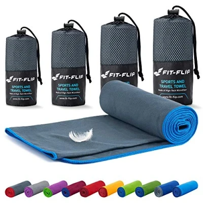 Afbeelding van Fit Flip Reishanddoeken set 16 kleuren, 6 afmetingen de perfecte sporthanddoek, strandlaken en reishanddoek (80x40cm 1 Stuk, Donkergrijs blauwe rand)