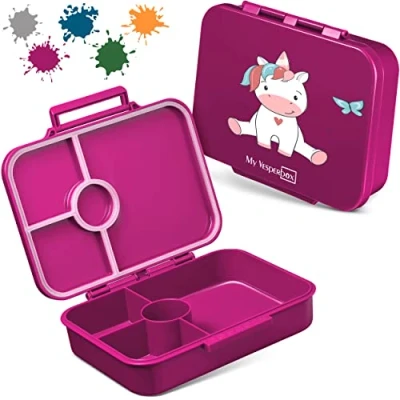 Afbeelding van My Vesperbox Bia, Bento Box voor kinderen, 100% lekvrij en BPA vrij, extreem sterke lunchbox, broodtrommel, ideaal de kinderopvang op school (paars, zittende eenhoorn)