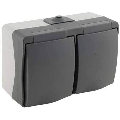 Afbeelding van 2 voudige opbouw wandcontactdoos dubbele met beschermklep IP54 250V buitenstopcontact horizontaal